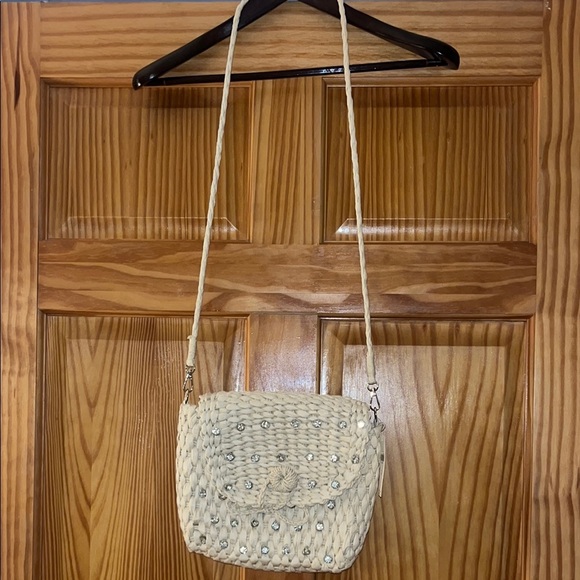Anthropologie Handbags - Anthropologie Cream Woven Crossbody Bag Rhinestones Unique Year Round Bag